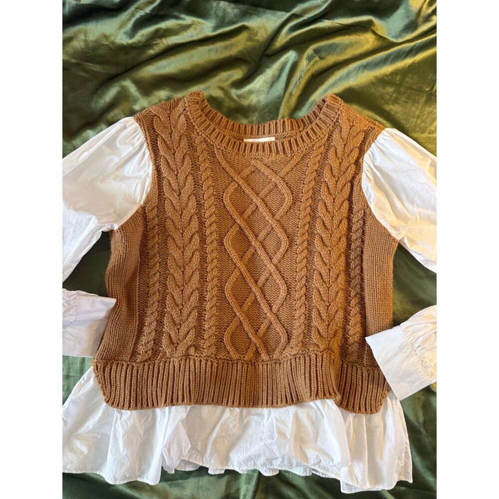 Anthropologie Brown Cable Knit 2-in-1 Layered Sweater Vest Blouse Top